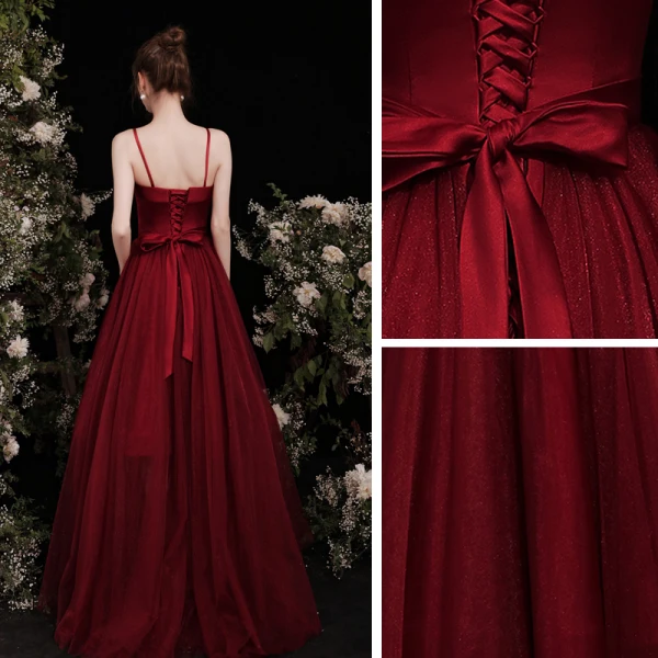 Chic / Beautiful Burgundy Satin Prom Dresses 2021 A-Line / Princess Spaghetti Straps Sleeveless Backless Bow Floor-Length / Long Prom Formal Dresses