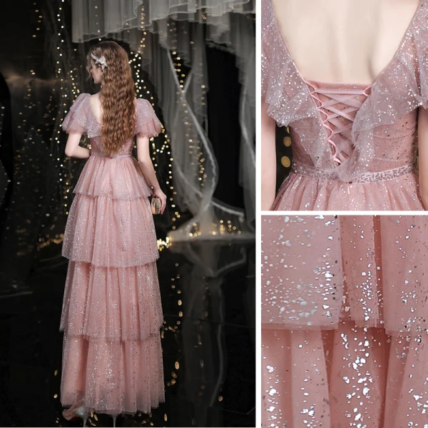 Charmant Rose Sombre Volants Glitter Robe De Bal 2021 Princesse Encolure Carrée Paillettes Manches Courtes Dos Nu Longue Tulle Promo Robe De Ceremonie