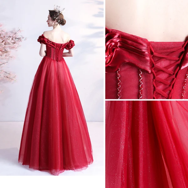 Vintage / Retro Burgundy Prom Dresses 2021 A-Line / Princess Ruffle Off-The-Shoulder Beading Crystal Rhinestone Short Sleeve Backless Floor-Length / Long Prom Formal Dresses