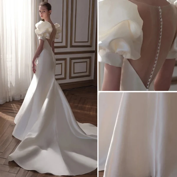 Mode Ivory / Creme Satin Brautkleider / Hochzeitskleider Abendkleider 2021 Meerjungfrau V-Ausschnitt Geschwollenes Kurze Ärmel Rückenfreies Hof-Schleppe Hochzeit