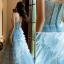 Chic / Beautiful Sky Blue Cascading Ruffles Prom Dresses 2021 A-Line / Princess Strapless Beading Appliques Short Sleeve Backless Floor-Length / Long Prom Formal Dresses