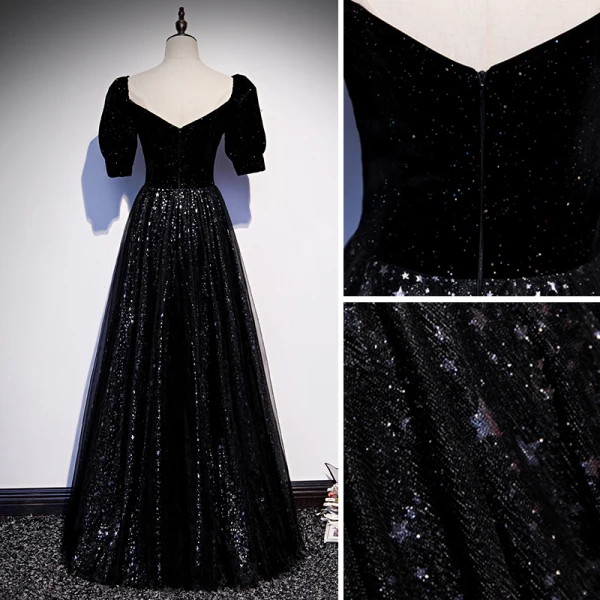 Bling Bling Sternenklarer Himmel Schwarz Star Pailletten Ballkleider 2021 A Linie Eckiger Ausschnitt Kurze Ärmel Rückenfreies Lange Ball Festliche Kleider