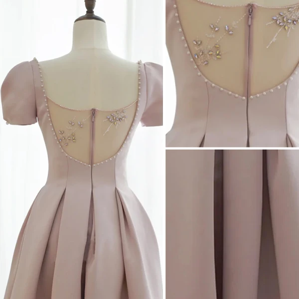 Modest / Simple Blushing Pink Satin Prom Dresses 2021 A-Line / Princess Spaghetti Straps Pearl Rhinestone Short Sleeve Backless Floor-Length / Long Prom Formal Dresses