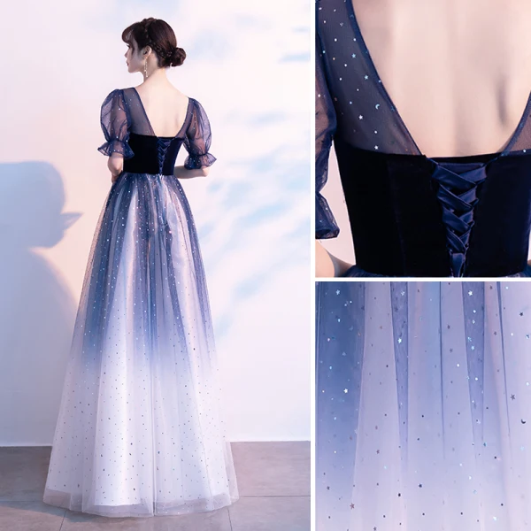 Chic / Beautiful Ocean Blue Star Sequins Prom Dresses 2021 A-Line / Princess V-Neck Suede 1/2 Sleeves Backless Floor-Length / Long Prom Formal Dresses