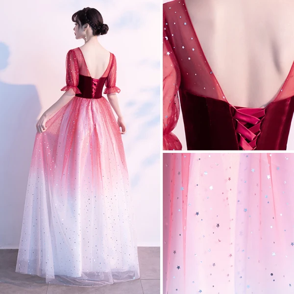 Elegant Burgundy Suede Prom Dresses 2021 A-Line / Princess V-Neck Star Sequins 1/2 Sleeves Backless Floor-Length / Long Prom Formal Dresses