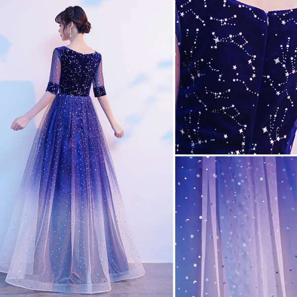 Sparkly Royal Blue Suede Star Sequins Prom Dresses 2021 A-Line / Princess V-Neck 1/2 Sleeves Floor-Length / Long Prom Formal Dresses