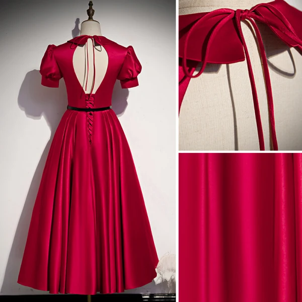 Vintage / Retro Burgundy Prom Dresses 2021 A-Line / Princess Sash V-Neck Satin Short Sleeve Backless Tea-length Prom Formal Dresses