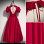 Vintage / Retro Burgundy Prom Dresses 2021 A-Line / Princess Sash V-Neck Satin Short Sleeve Backless Tea-length Prom Formal Dresses