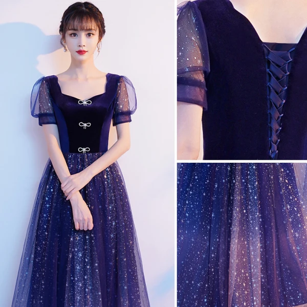 Bling Bling Bleu Roi Étoile Paillettes Faux Diamant Noeud Robe De Bal 2021 Princesse Encolure Carrée Manches Courtes Dos Nu Longue Promo Robe De Ceremonie