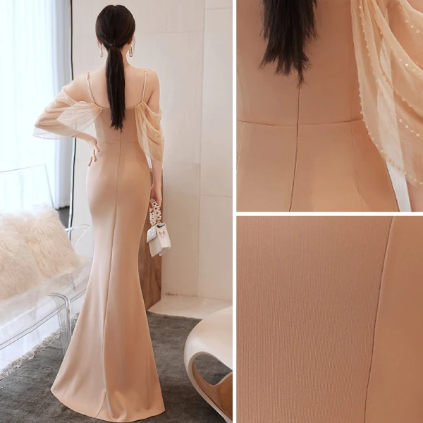 Charming Champagne Evening Dresses  2021 Trumpet / Mermaid Spaghetti Straps Beading Short Sleeve Backless Floor-Length / Long Evening Party Formal Dresses
