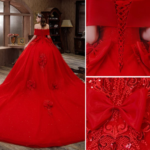 Modern / Fashion Red Sequins Lace Flower Wedding Dresses 2021 Ball Gown Off-The-Shoulder Bow Short Sleeve Backless Royal Train Wedding