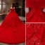 Modern / Fashion Red Sequins Lace Flower Wedding Dresses 2021 Ball Gown Off-The-Shoulder Bow Short Sleeve Backless Royal Train Wedding