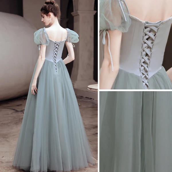 Fashion Sage Green Prom Dresses 2021 A-Line / Princess Square Neckline Puffy Short Sleeve Backless Floor-Length / Long Prom Formal Dresses