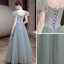 Fashion Sage Green Prom Dresses 2021 A-Line / Princess Square Neckline Puffy Short Sleeve Backless Floor-Length / Long Prom Formal Dresses