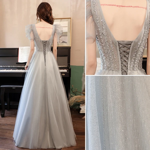 Charming Grey Evening Dresses Evening Dresses  2021 A-Line / Princess V-Neck Beading Short Sleeve Backless Floor-Length / Long Evening Party Formal Dresses