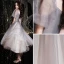Fashion Glitter Grey Homecoming Graduation Dresses 2021 A-Line / Princess Square Neckline Beading Crystal Short Sleeve Backless Tea-length Formal Dresses