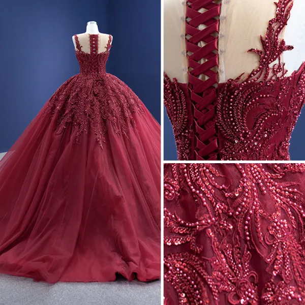 Haut de Gamme Bordeaux Perlage Perle Paillettes En Dentelle Fleur Robe De Bal 2021 Robe Boule Encolure Dégagée Manches Longues Dos Nu Tribunal Train Robe De Ceremonie