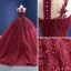 Haut de Gamme Bordeaux Perlage Perle Paillettes En Dentelle Fleur Robe De Bal 2021 Robe Boule Encolure Dégagée Manches Longues Dos Nu Tribunal Train Robe De Ceremonie