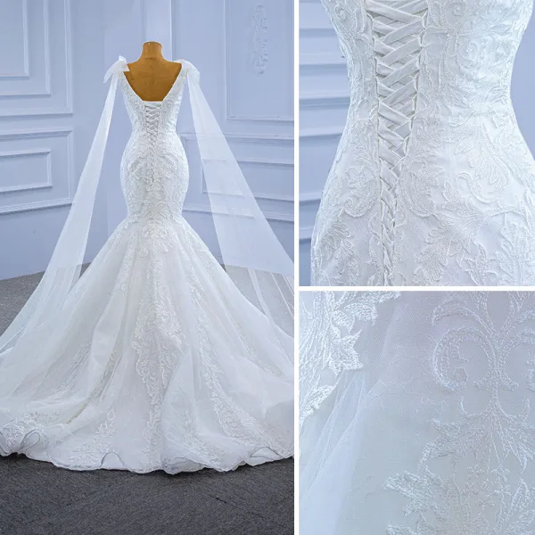 High End Weiß Spitze Blumen Brautkleider / Hochzeitskleider 2021 Meerjungfrau V-Ausschnitt Lange Ärmel Rückenfreies Hof-Schleppe Hochzeit