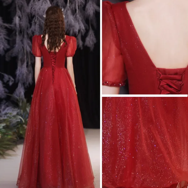Charming Burgundy Glitter Evening Dresses 2021 A-Line / Princess V-Neck Beading Sequins Short Sleeve Backless Floor-Length / Long Formal Dresses