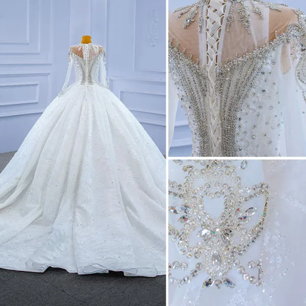 Luxury / Gorgeous High-end Ivory Glitter Beading Crystal Rhinestone Wedding Dresses 2021 Ball Gown High Neck Appliques Sequins 3/4 Sleeve Royal Train