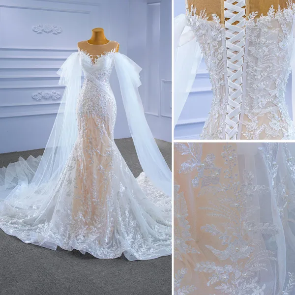 High-end Charming White Watteau Train Wedding Dresses 2021 Trumpet / Mermaid Scoop Neck Beading Pearl Sequins Lace Flower Sleeveless Chapel Train Wedding