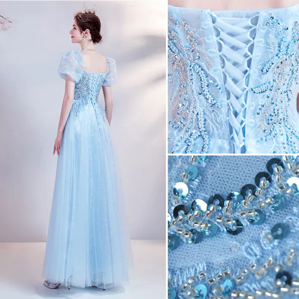Chic / Belle Bleu Ciel Robe De Bal Robe De Bal 2021 Princesse Encolure Carrée Perlage Perle Paillettes En Dentelle Fleur Manches Courtes Dos Nu Longue Promo Robe De Ceremonie