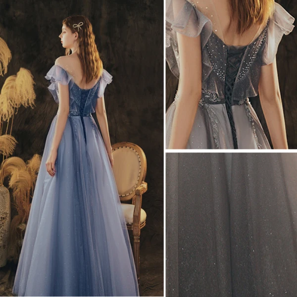 Elegant Ocean Blue Prom Dresses A-Line / Princess 2021 Scoop Neck Rhinestone Sequins Short Sleeve Backless Floor-Length / Long Formal Dresses