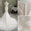 Charming White Trumpet / Mermaid Wedding Dresses 2021 Scoop Neck Pearl Lace Flower Cap Sleeves Chapel Train Wedding