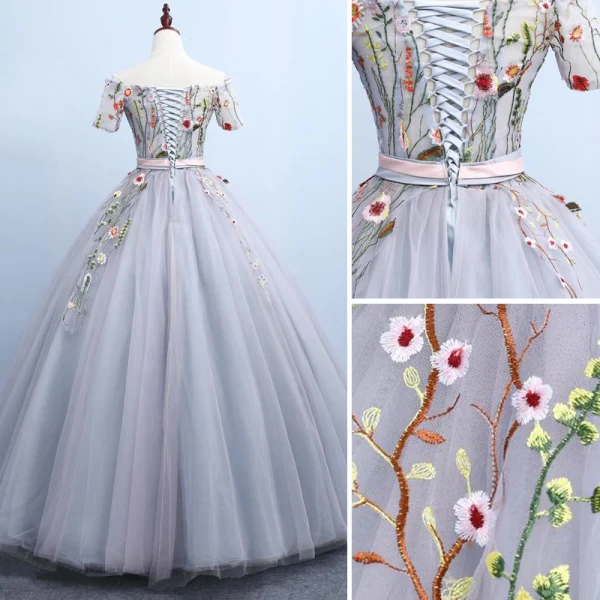 Chic / Beautiful Grey Quinceañera Prom Dresses 2018 Ball Gown Embroidered Bow Off-The-Shoulder Backless Short Sleeve Floor-Length / Long Formal Dresses