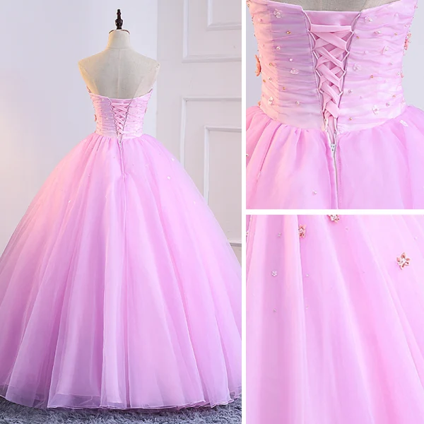 Chic / Beautiful Candy Pink Prom Dresses 2018 Ball Gown Appliques Pearl Strapless Backless Sleeveless Floor-Length / Long Formal Dresses