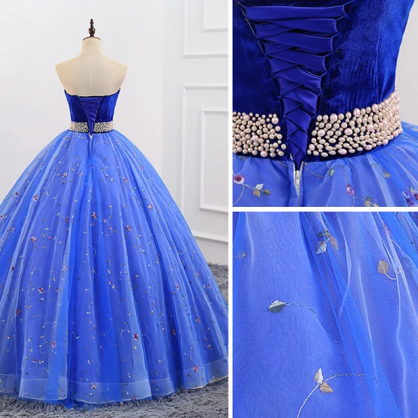 Elegant Kongeblå Quinceañera Ballkjoler 2018 Ballkjole Brodert Perle Suede Kjæreste Ryggløse Uten Ermer Lange Formelle Kjoler