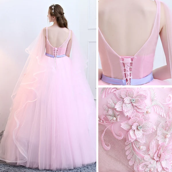 Chic / Beautiful Candy Pink Quinceañera Prom Dresses 2018 Ball Gown Appliques Pearl Sash Cascading Ruffles V-Neck Sleeveless Backless Floor-Length / Long Formal Dresses