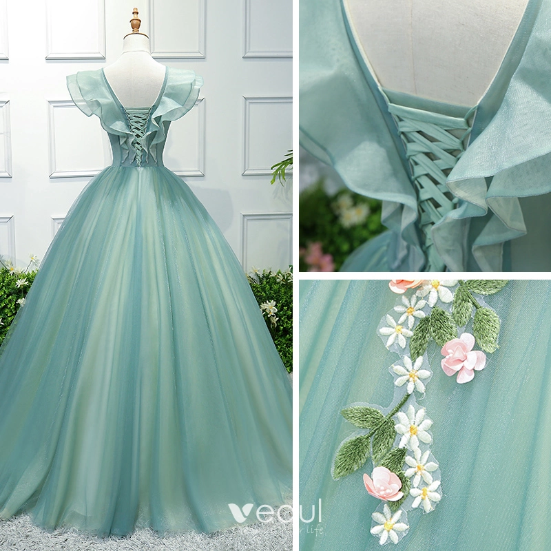 Flower Fairy Green Prom Dresses 2018 Ball Gown Appliques VNeck