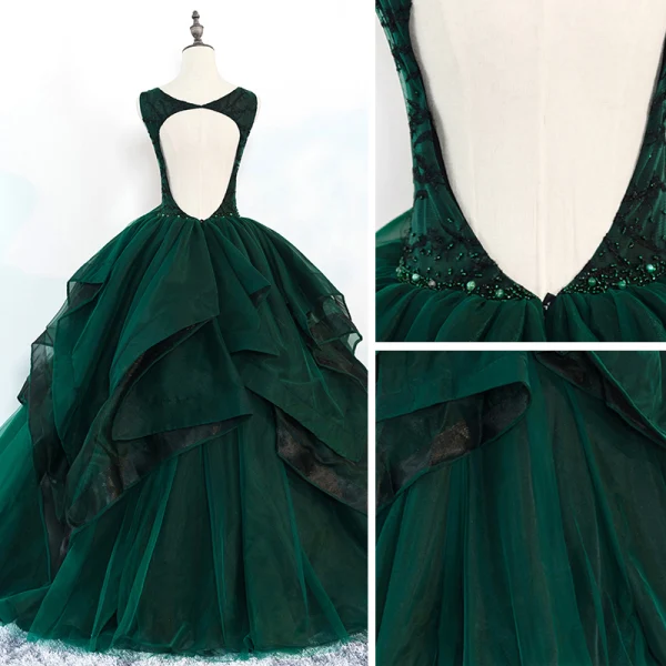 Chic / Beautiful Dark Green Prom Dresses 2018 Ball Gown Beading Cascading Ruffles Spaghetti Straps Backless Sleeveless Floor-Length / Long Formal Dresses