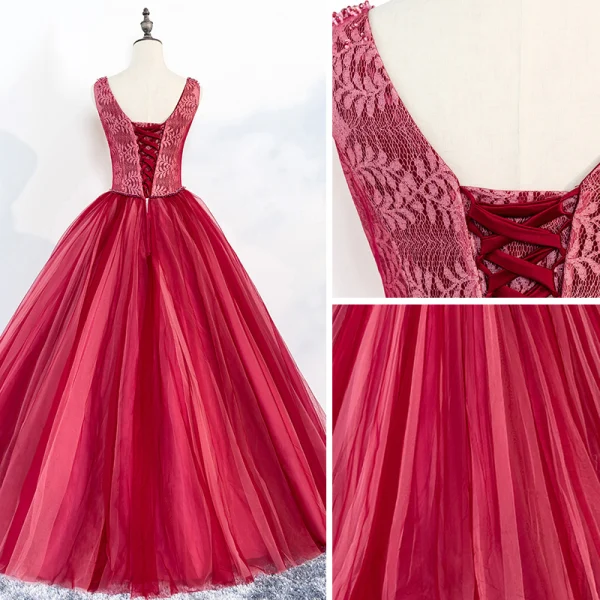 Chic / Beautiful Red Prom Dresses 2018 Ball Gown Beading V-Neck Backless Sleeveless Floor-Length / Long Formal Dresses
