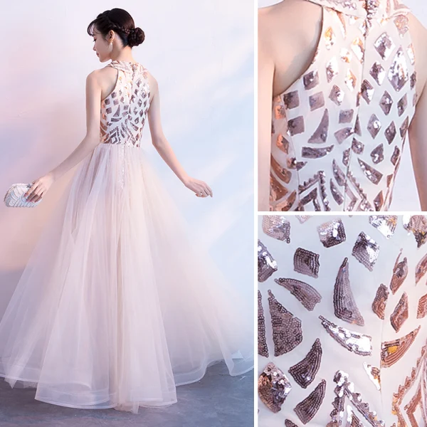 Chic / Beautiful Champagne Evening Dresses 2018 A-Line / Princess Sequins Scoop Neck Sleeveless Floor-Length / Long Formal Dresses