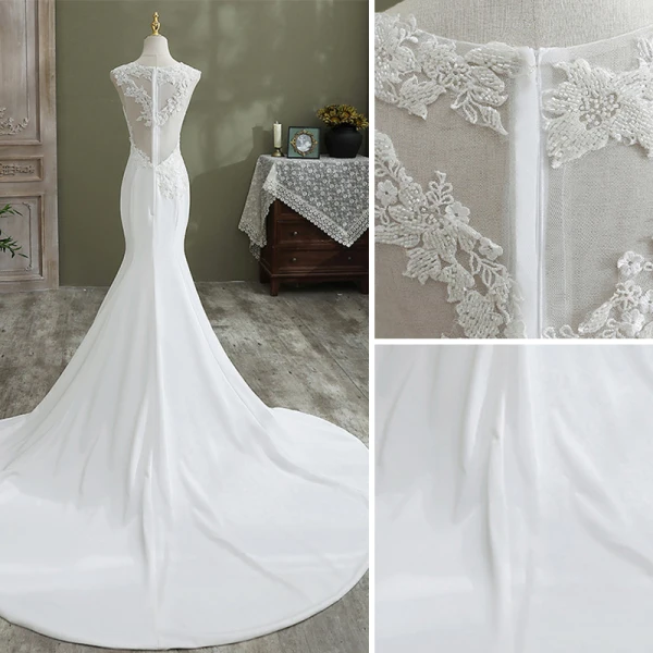Élégant Ivoire Trompette / Sirène Satin Robe De Mariée 2021 Encolure Dégagée Sans Manches Perlage En Dentelle Fleur Chapel Train Mariage
