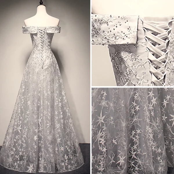 Chic / Beautiful Grey Prom Dresses 2018 A-Line / Princess Star Beading Off-The-Shoulder Backless Sleeveless Floor-Length / Long Formal Dresses