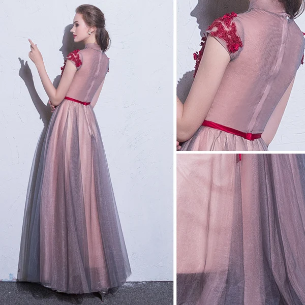 Chic / Beautiful Burgundy Evening Dresses 2018 A-Line / Princess Appliques Lace Flower Crystal Bow High Neck Short Sleeve Floor-Length / Long Formal Dresses