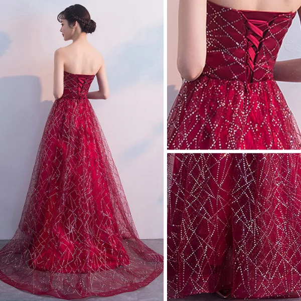 Sparkly Burgundy Evening Dresses 2018 A-Line / Princess Lace Flower Rhinestone Sequins Strapless Backless Sleeveless Sweep Train Formal Dresses