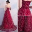 Sparkly Burgundy Evening Dresses  2018 A-Line / Princess Lace Flower Rhinestone Sequins Strapless Backless Sleeveless Sweep Train Formal Dresses