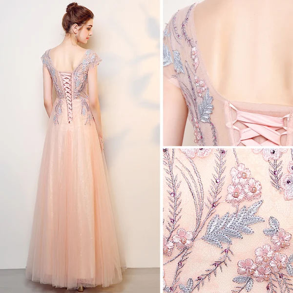 Elegant Pearl Pink Prom Dresses 2018 A-Line / Princess Lace Flower Pearl V-Neck Backless Sleeveless Floor-Length / Long Formal Dresses