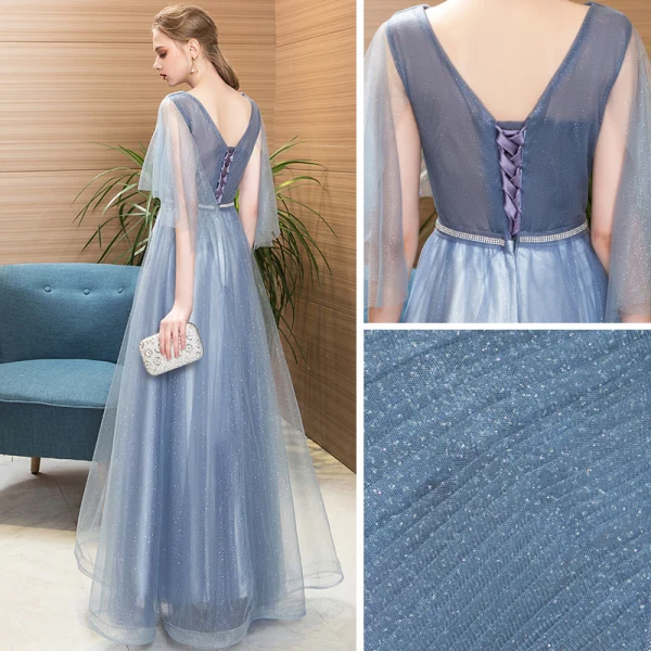 Chic / Beautiful Sky Blue Evening Dresses  2018 A-Line / Princess Rhinestone V-Neck Backless 3/4 Sleeve Floor-Length / Long Formal Dresses