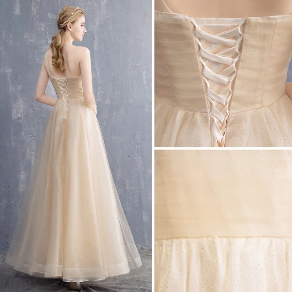 Schlicht Champagner Brautjungfernkleider 2018 A Linie Schleife One-Shoulder Rückenfreies Ärmellos Lange Kleider Für Hochzeit
