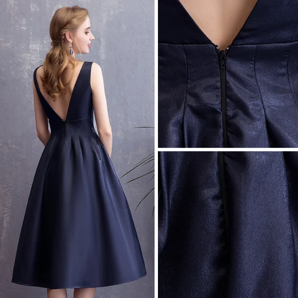 Chic / Beautiful Navy Blue Homecoming Graduation Dresses 2018 A-Line / Princess Backless V-Neck Sleeveless Short Formal Dresses