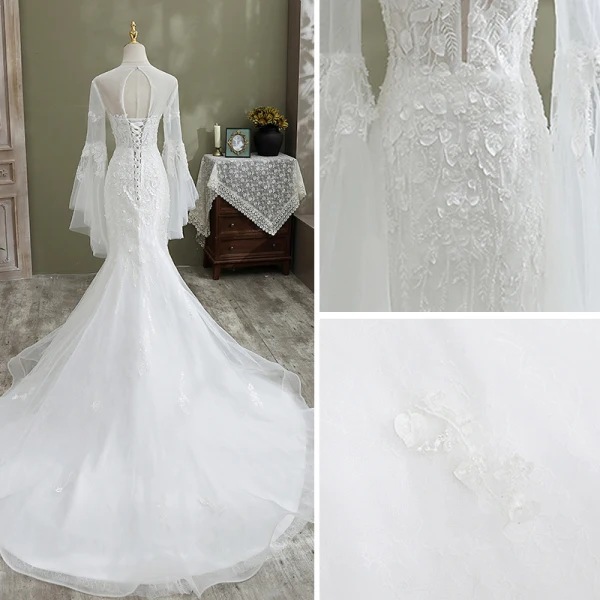 Elegant White Trumpet / Mermaid Wedding Dresses 2021 Scoop Neck Beading Lace Flower Long Sleeve Backless Cathedral Train Wedding