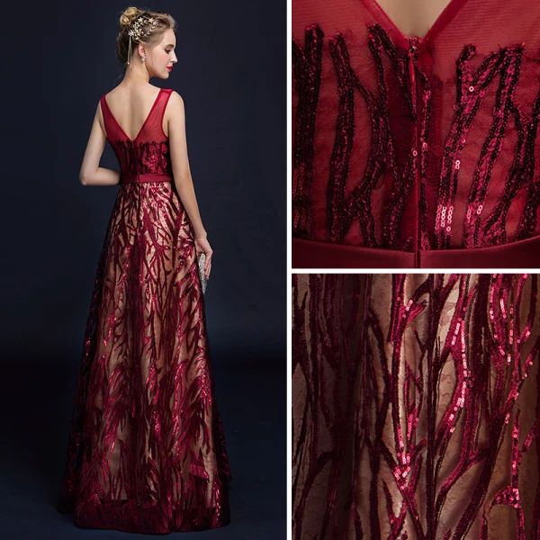 Chic / Beautiful Burgundy Evening Dresses 2018 A-Line / Princess Lace Flower Sequins Sash Scoop Neck Backless Sleeveless Floor-Length / Long Formal Dresses