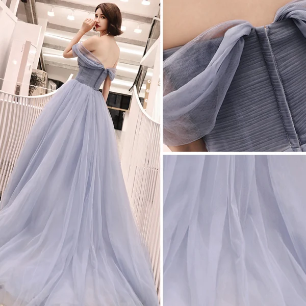 Élégant Gris Bleu Ciel Robe De Soirée 2018 Princesse Faux Diamant De l'épaule Dos Nu Sans Manches Tribunal Train Robe De Ceremonie