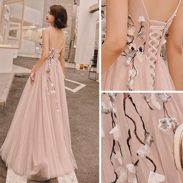 Chic / Beautiful Blushing Pink Summer Evening Dresses  2018 A-Line / Princess Appliques Bow Spaghetti Straps Backless Sleeveless Floor-Length / Long Formal Dresses